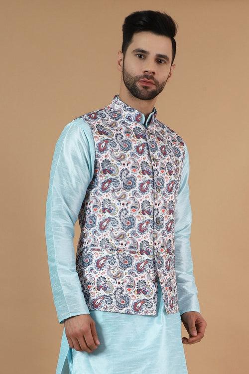 Digital Print Cotton Silk White Modi Nehru Jacket