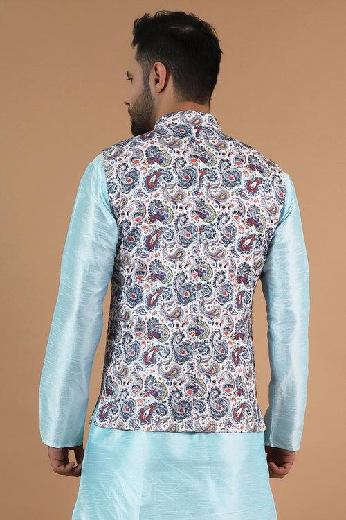 Digital Print Cotton Silk White Modi Nehru Jacket