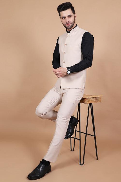 Polyester Cotton Beige Vest and Trouser Set