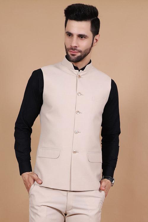 Polyester Cotton Beige Vest and Trouser Set