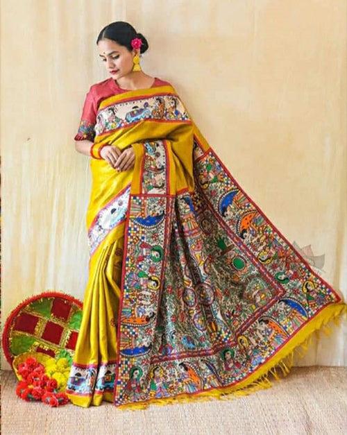 Yellow Printed Pure Silk Mark Certified Tussar Ghicha Silk Sarees