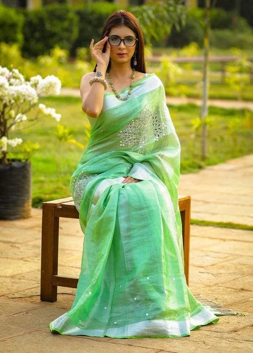 Mint Green Pure Linen Sarees