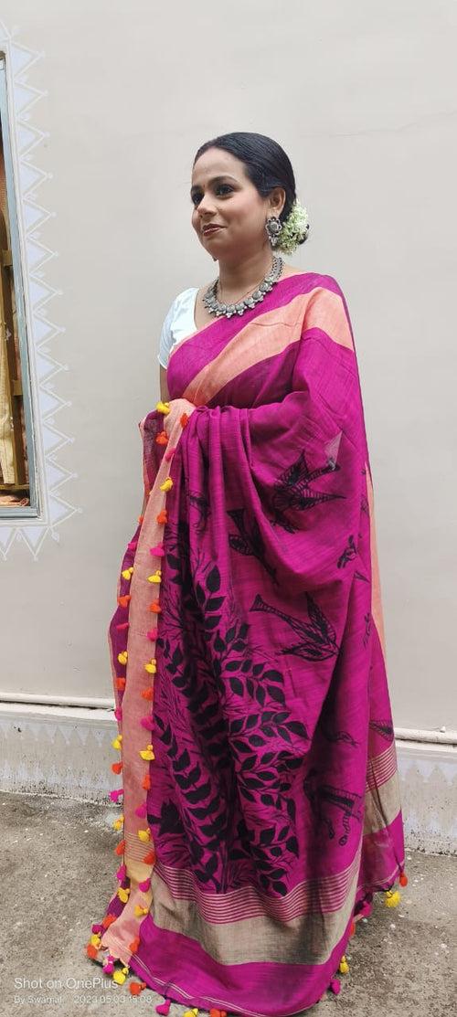 Cerise Pink Pure Handloom Saree