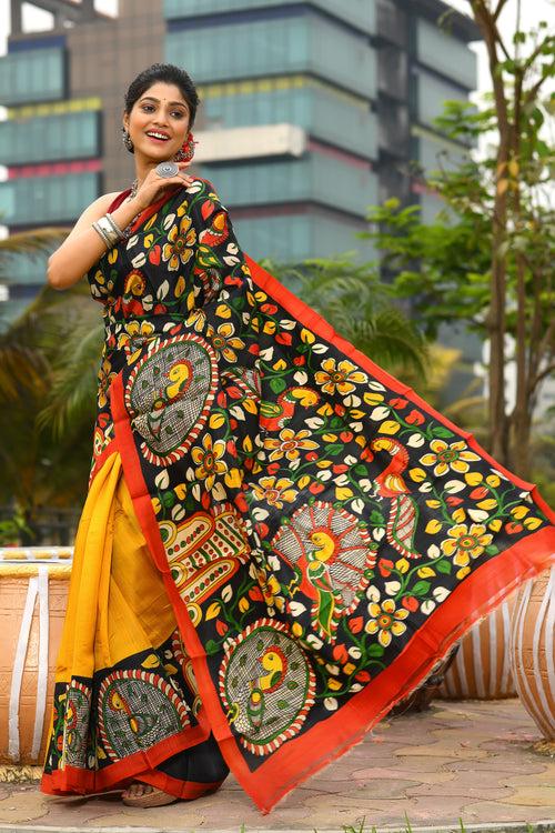 Floral Hand Painted Body Tussar Silk Saree