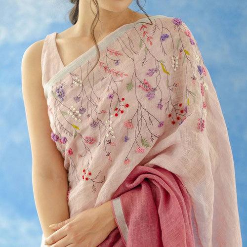 Pink Color Floral Embroidery Linen Design Sarees