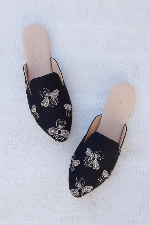 Black Bug Embroidered Mule