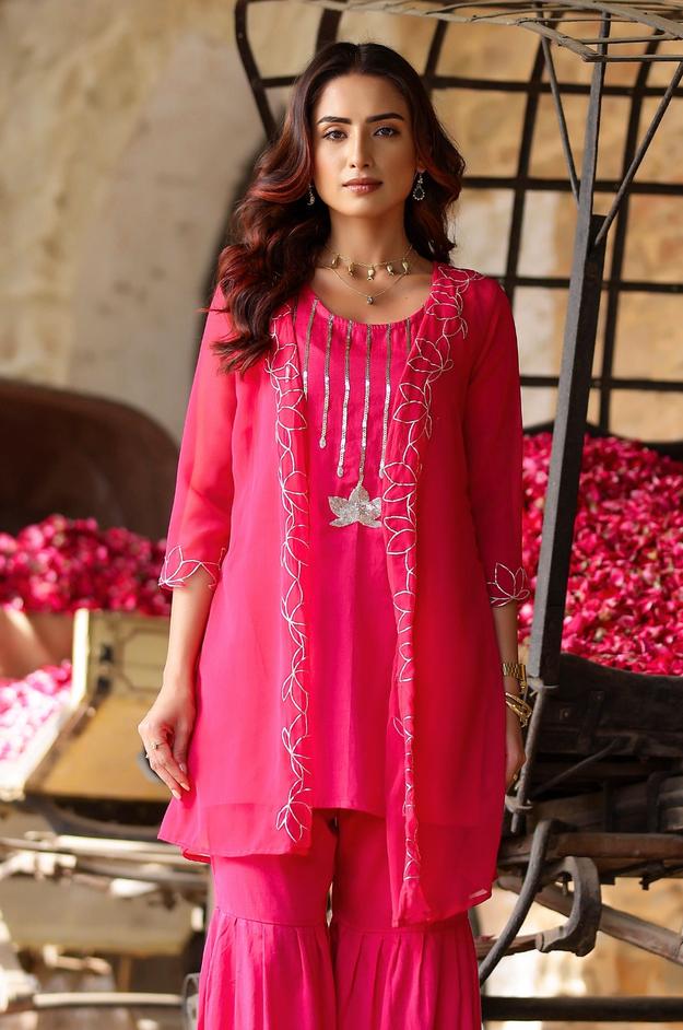 Hot Pink Lotus Embroidered Shrug