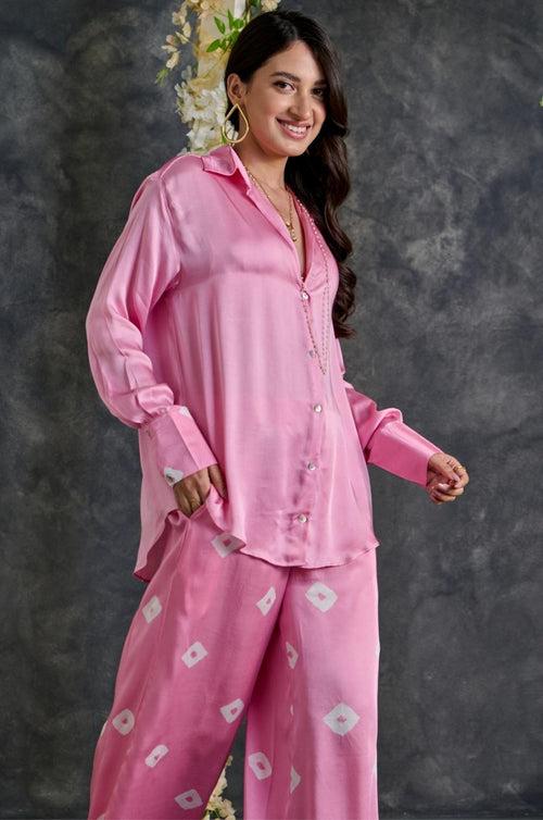 Pink Bandhani Modal Satin Co-Ord Set