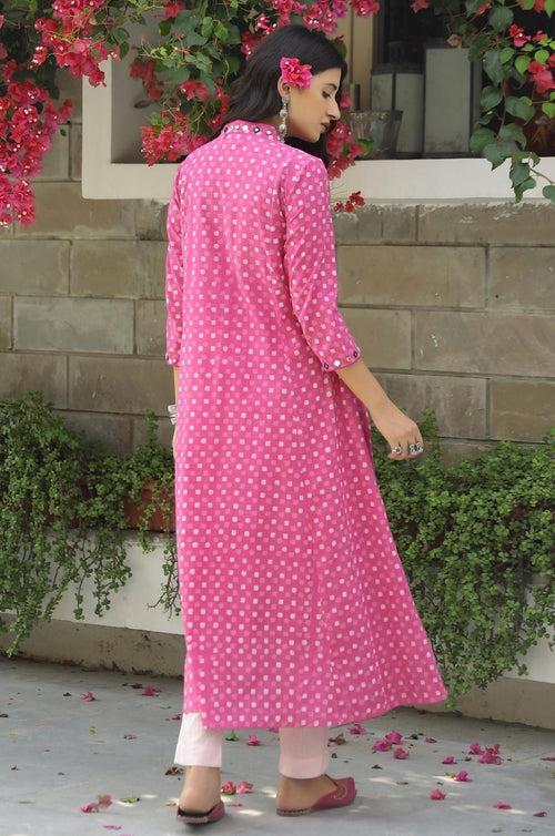 Pink Polka Dabu Print Kurta-Pant Set