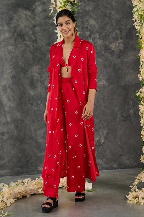 Red Bandhani Modal Satin Three Piece Set