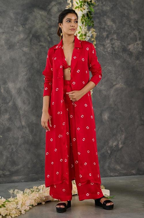 Red Bandhani Modal Satin Three Piece Set