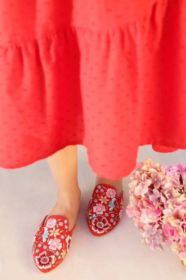 Red Floral Embroidered Mule