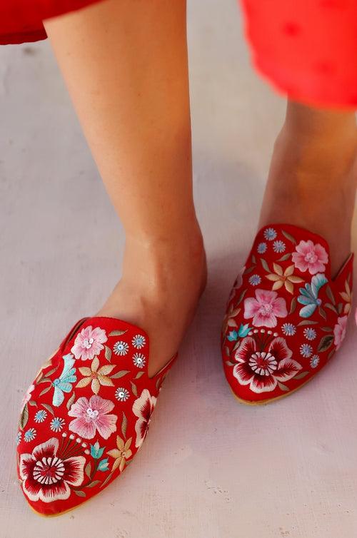 Red Floral Embroidered Mule