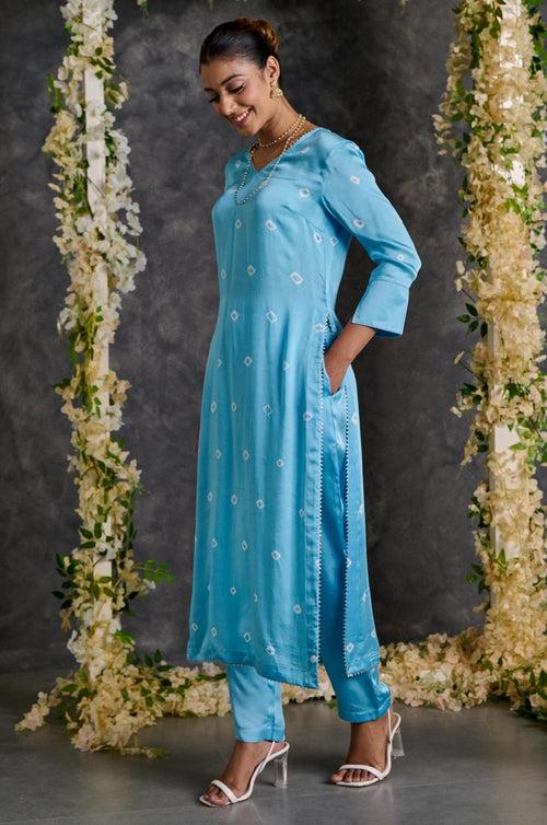 Blue Bandhani High Slit Modal Satin Kurta