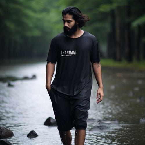 Thanimai | Tamil Oversized T-Shirt (Black) (Right Pocket)