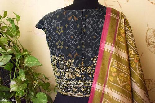 YELLOW FOREST : AN ARTSY STATEMENT  COTTON IKAT BLOUSE WITH HAND EMBROIDERY IN RESHAM