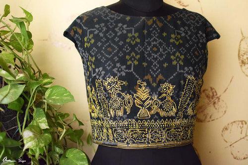 YELLOW FOREST : AN ARTSY STATEMENT  COTTON IKAT BLOUSE WITH HAND EMBROIDERY IN RESHAM