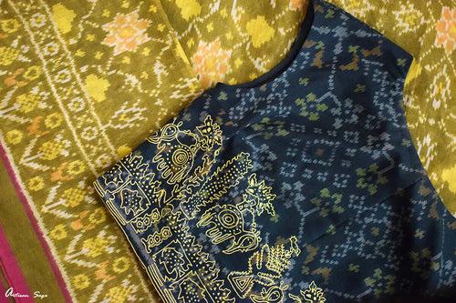 YELLOW FOREST : AN ARTSY STATEMENT  COTTON IKAT BLOUSE WITH HAND EMBROIDERY IN RESHAM