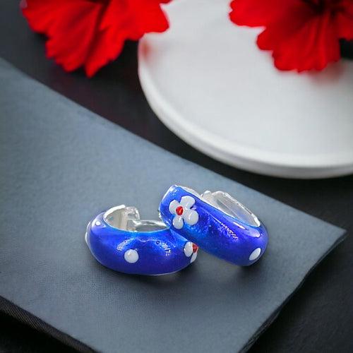 925 Sterling Silver Enamelled Blue Hoop Earrings for Girls