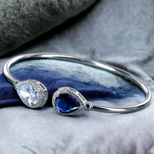 925 Sterling Silver Pear Drop Shape Blue Cz Bangle For Women