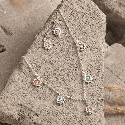 Blisse Allure Sterling Silver Multi Stone Studded Star Charms Necklace Set