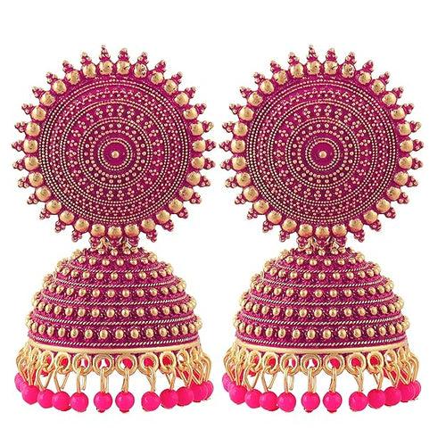 Traditional Floral Golden Pink Jhumkas - DWER001