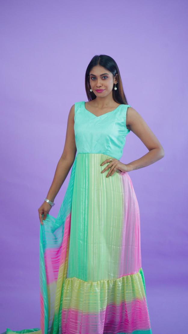 Rainbow Radiance: A Fusion Saree Gown - SGWN001