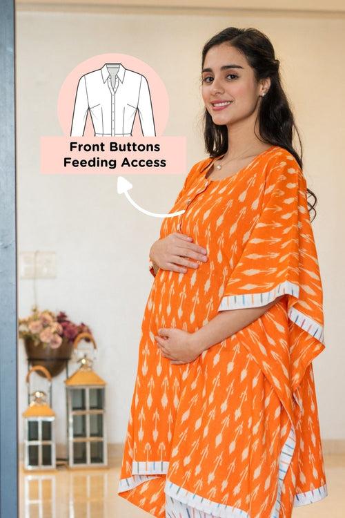 Classic Tangerine Ikat Maternity & Nursing Kaftan Set (2Pc) (100% Cotton)