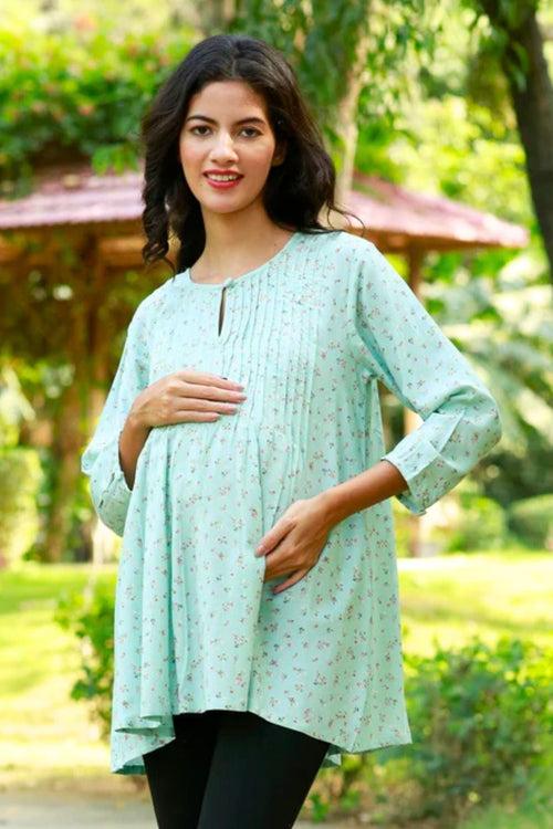 Elegant Mint Floral Maternity & Nursing Pintucks Top