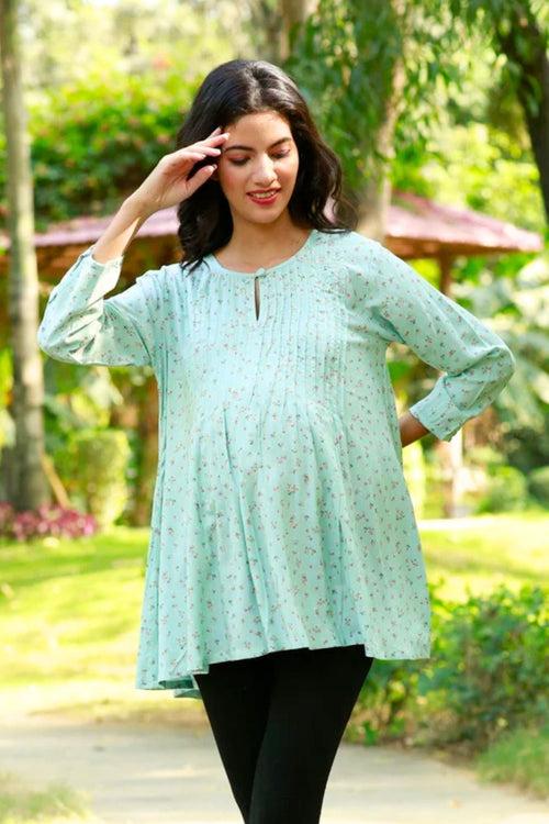 Elegant Mint Floral Maternity & Nursing Pintucks Top