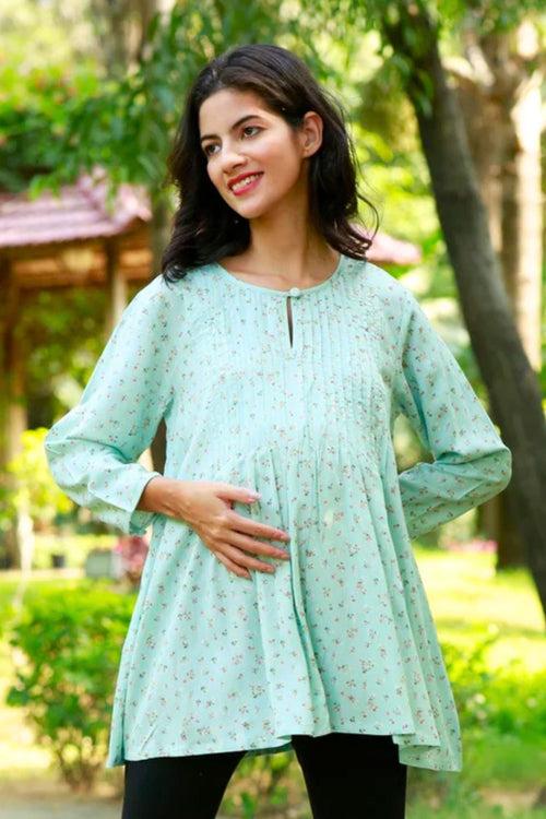 Elegant Mint Floral Maternity & Nursing Pintucks Top