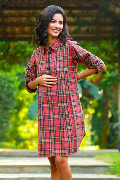 Flannel Blush Checks Maternity & Nursing Shirt Dress