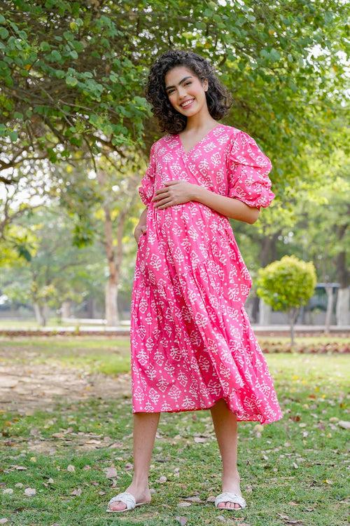 Winsome Baby Pink Maternity & Nursing Frill Wrap Dress (100% Cotton)