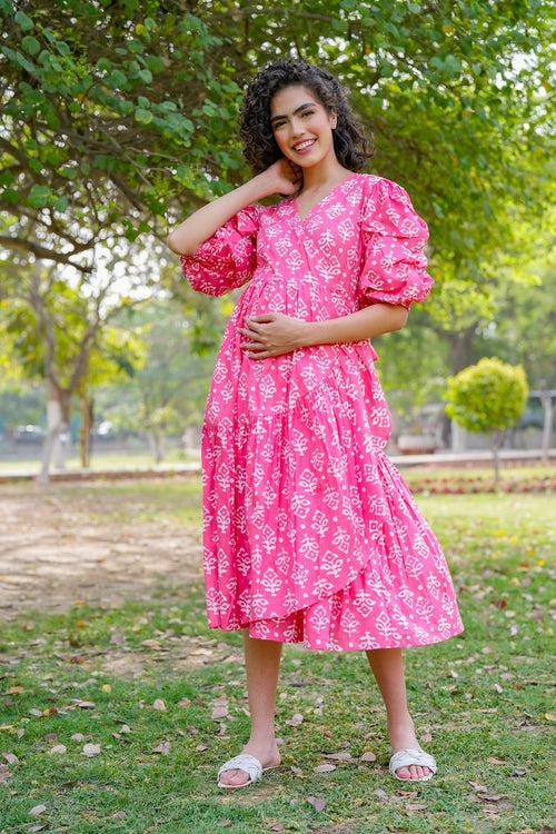 Winsome Baby Pink Maternity & Nursing Frill Wrap Dress (100% Cotton)