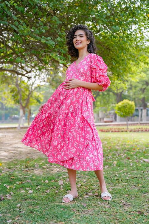 Winsome Baby Pink Maternity & Nursing Frill Wrap Dress (100% Cotton)