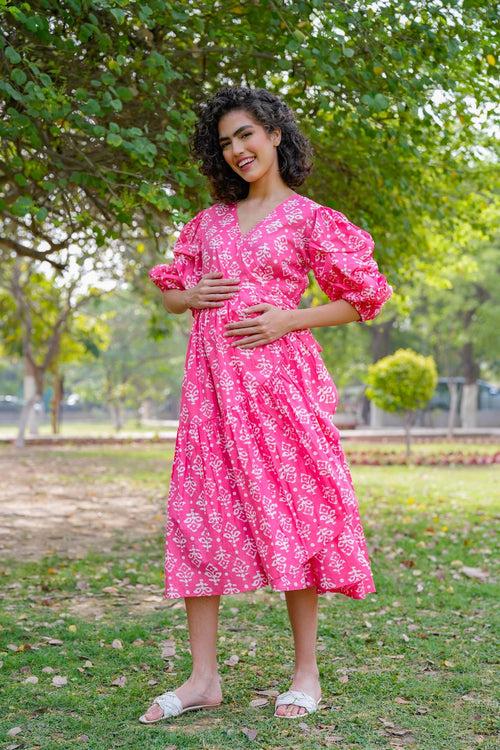 Winsome Baby Pink Maternity & Nursing Frill Wrap Dress (100% Cotton)