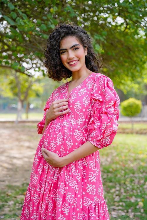 Winsome Baby Pink Maternity & Nursing Frill Wrap Dress (100% Cotton)