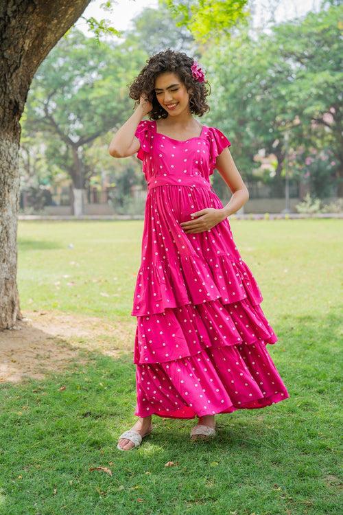 Lovable Fuchsia Baby Polka Maternity & Nursing Frill Dress (100% Cotton)