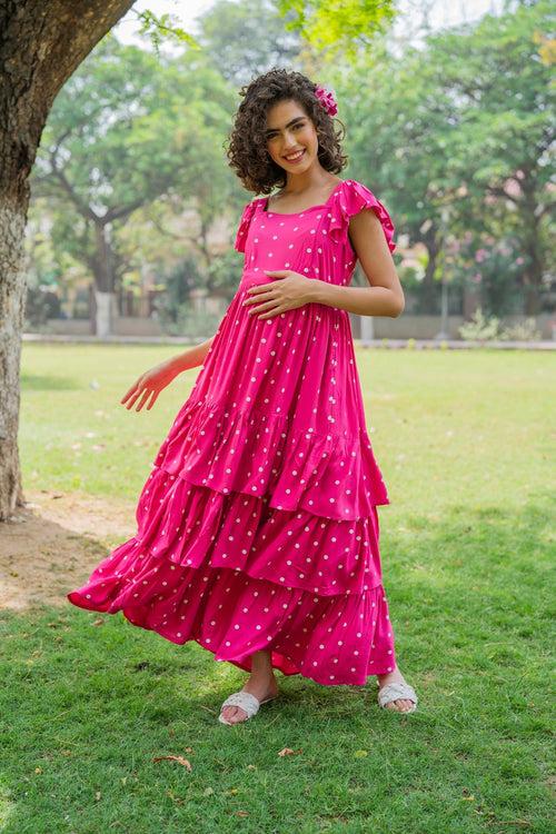 Lovable Fuchsia Baby Polka Maternity & Nursing Frill Dress (100% Cotton)