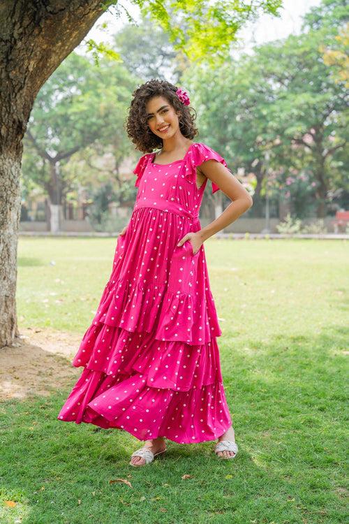 Lovable Fuchsia Baby Polka Maternity & Nursing Frill Dress (100% Cotton)