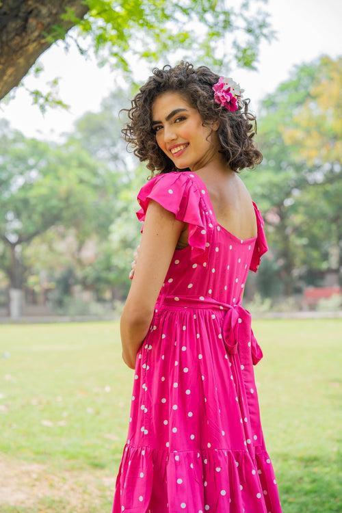 Lovable Fuchsia Baby Polka Maternity & Nursing Frill Dress (100% Cotton)