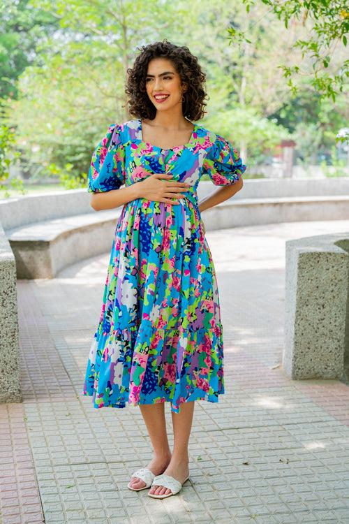 Charming Blue Blossom Maternity Knot Dress