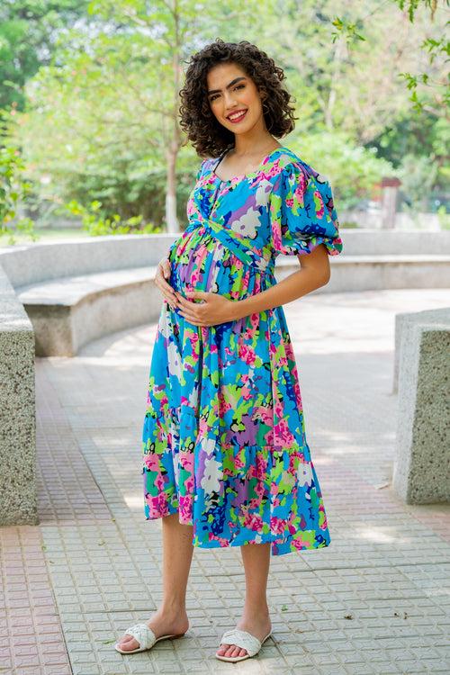 Charming Blue Blossom Maternity Knot Dress