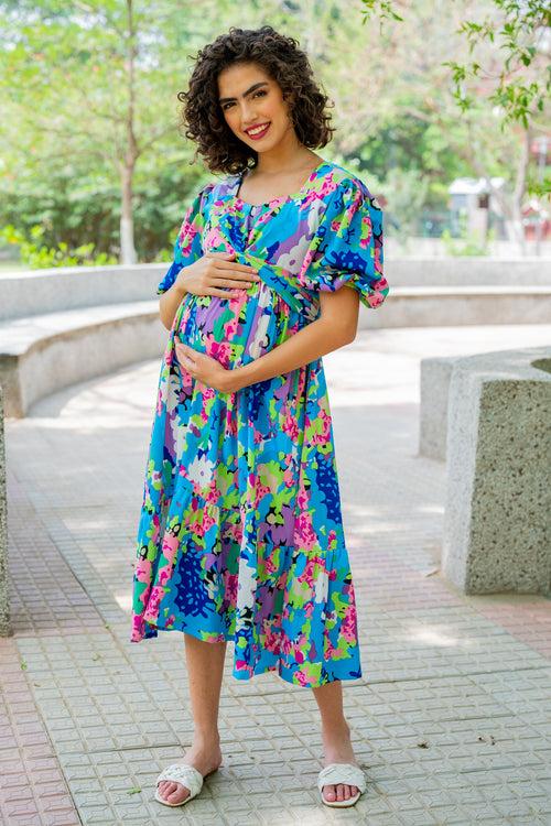 Charming Blue Blossom Maternity Knot Dress