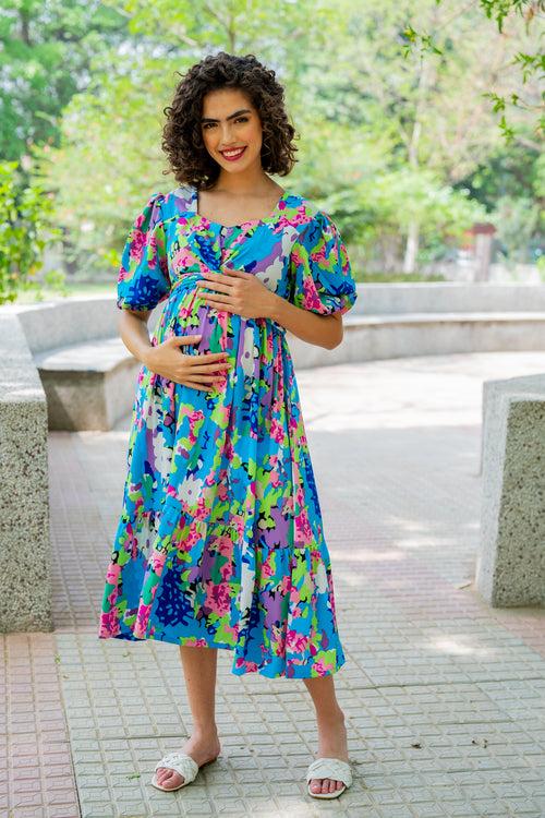 Charming Blue Blossom Maternity Knot Dress