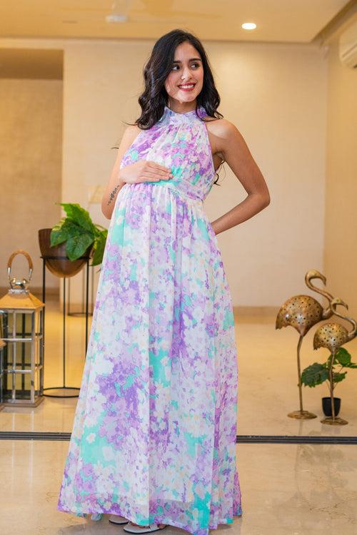 Vivacious Lilac Floral Maternity Gathered Dress