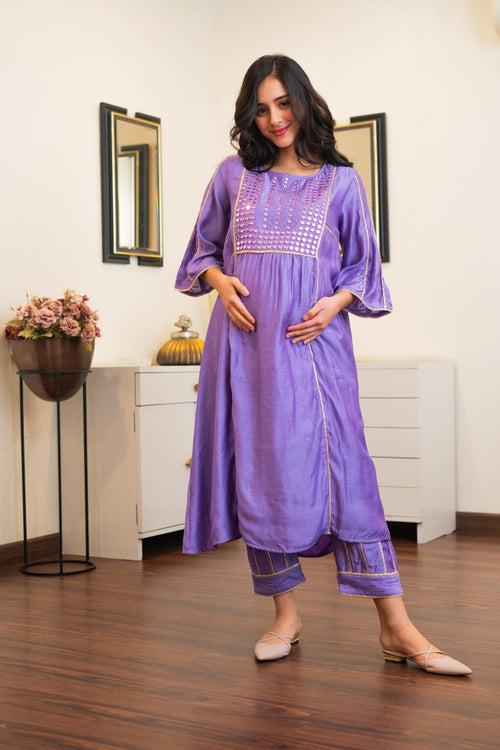 Luxe Lilac Embroidered Chanderi Maternity Kurta + Bump Band Bottom (2 Pc)