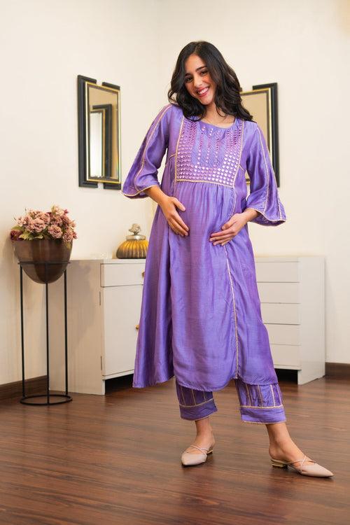 Luxe Lilac Embroidered Chanderi Maternity Kurta + Bump Band Bottom (2 Pc)