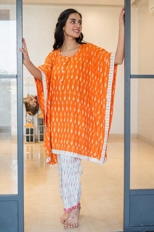 Classic Tangerine Ikat Maternity & Nursing Kaftan Set (2Pc) (100% Cotton)