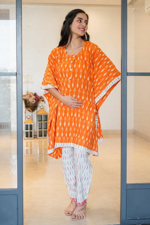 Classic Tangerine Ikat Maternity & Nursing Kaftan Set (2Pc) (100% Cotton)